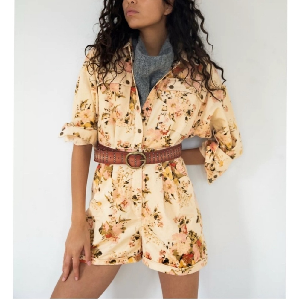 Free People Floral Cream Jumpsuit